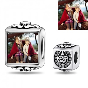 Sterling Silver "Good Luck" Square Photo Charm
