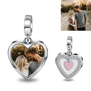 Silver Heart Shaped Couple's Photo Charm