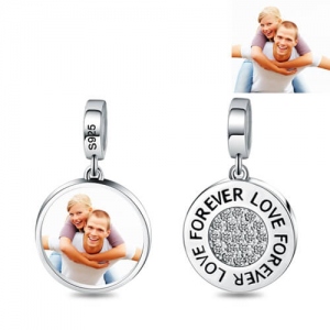 'Forever Love' Silver Circle Photo Charm with Lavish Crystals