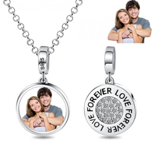 Round Love Forever Couple Photo Pendant Necklace Silver